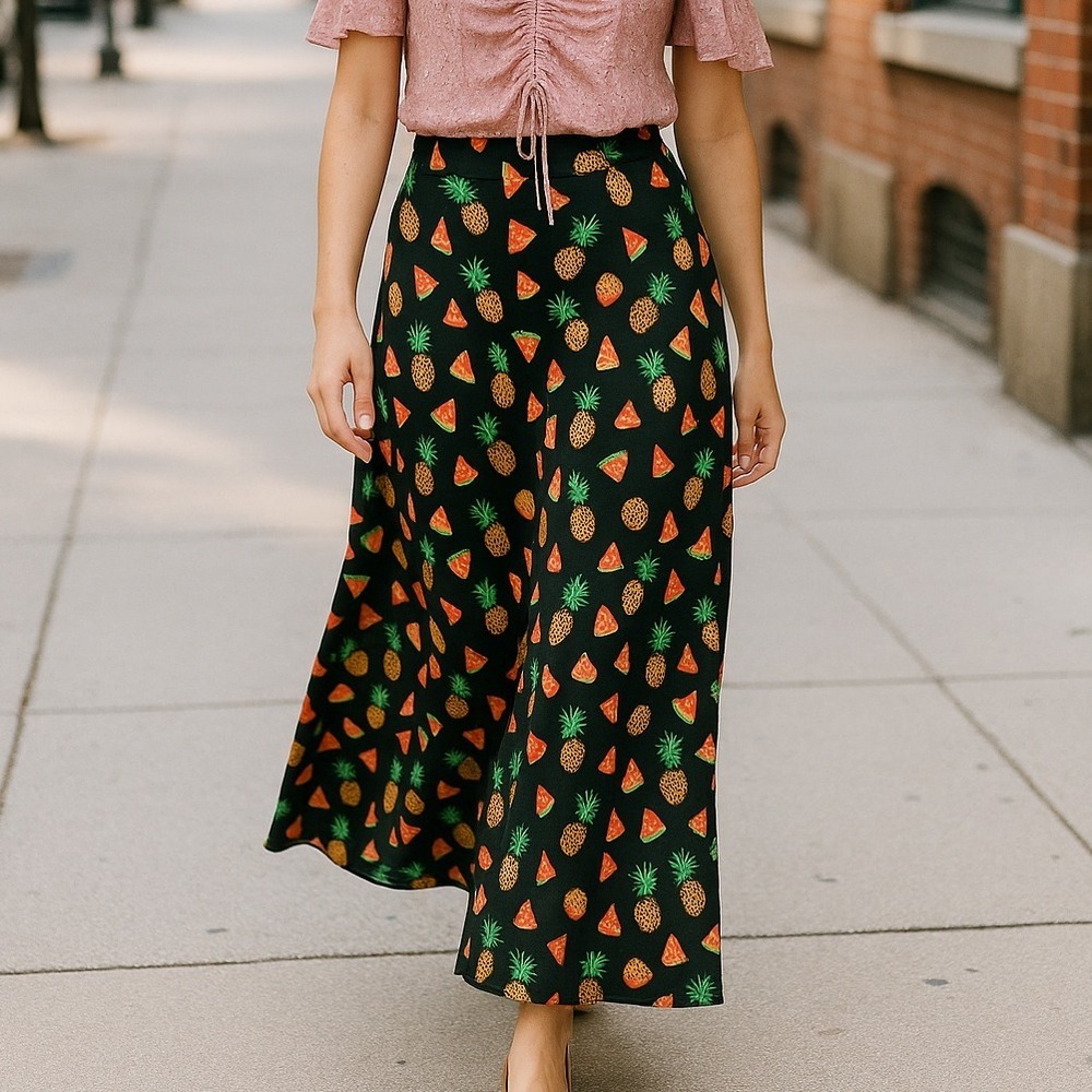 LuLaRoe Maxi Skirt‎ Pineapple Watermelon Print Stretch Knit Casual Size Medium